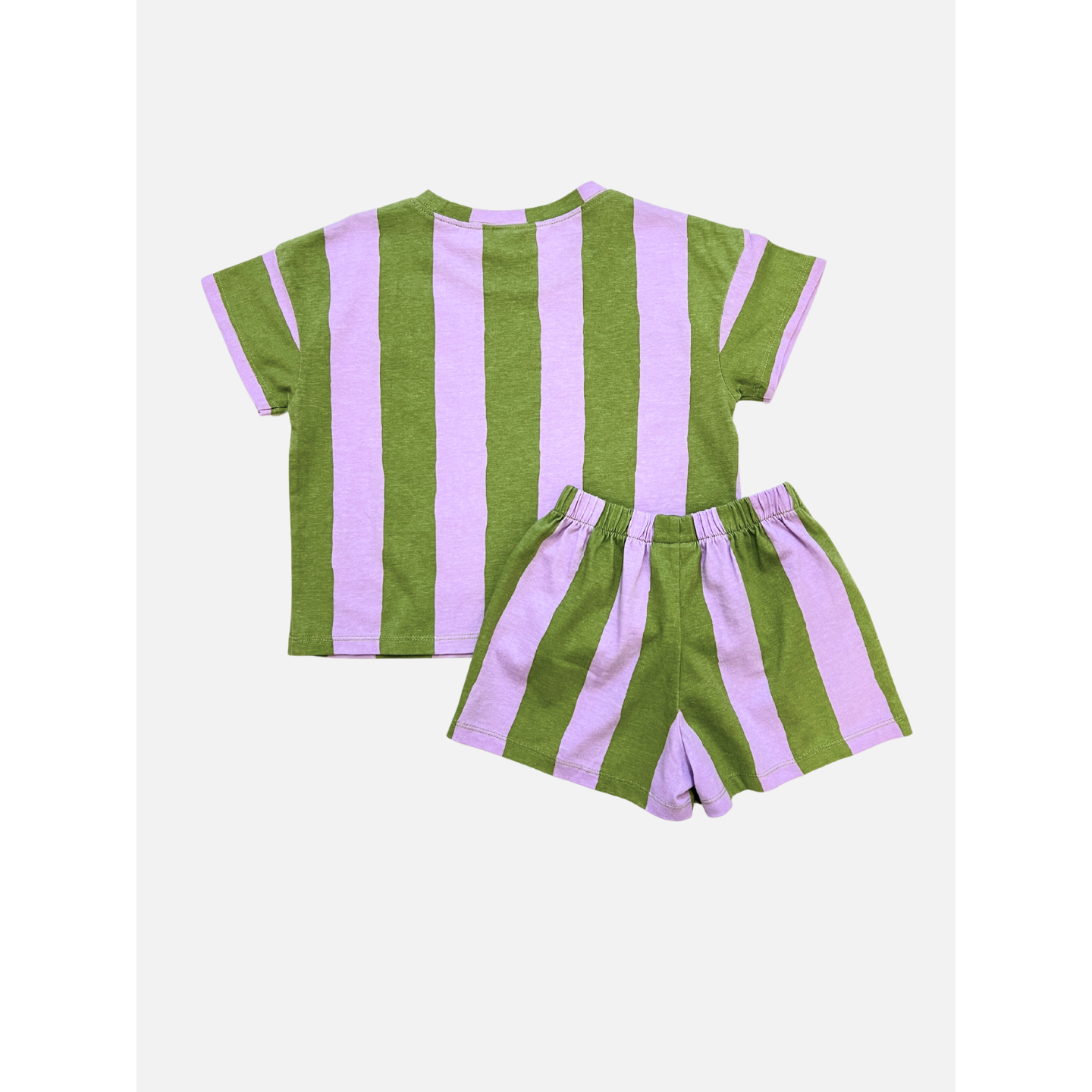 Green/Purple | The UMBRELLA STRIPE SHORT SET is a unisex children's outfit made from organic cotton, featuring green and lavender vertical stripes. This set includes a short-sleeve shirt and shorts, shown on a white background—ideal for stylish playtime.