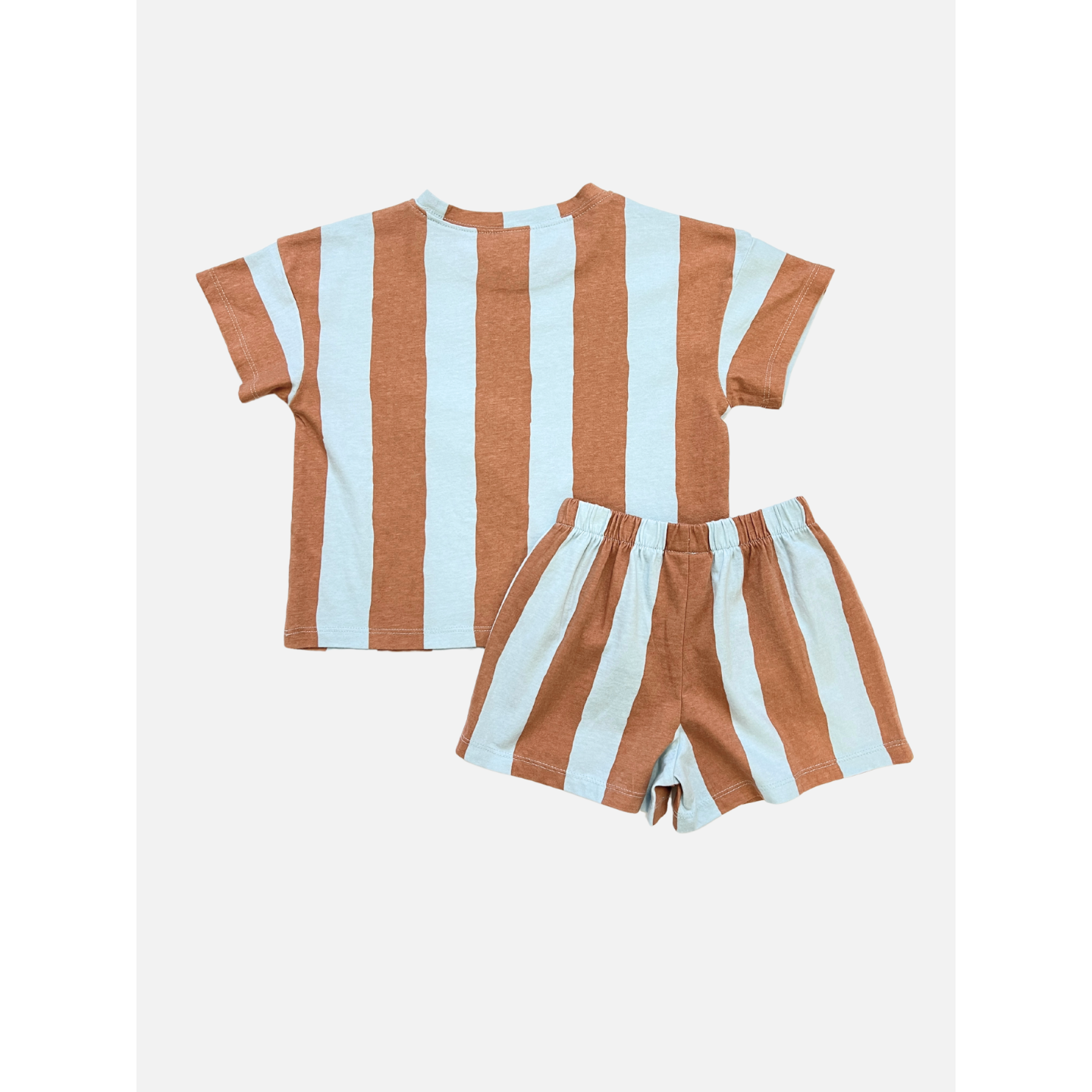 Blue/Brown | The UMBRELLA STRIPE SHORT SET features a short-sleeve shirt and shorts with vertical brown and light blue stripes, made from organic cotton, shown on a white background.