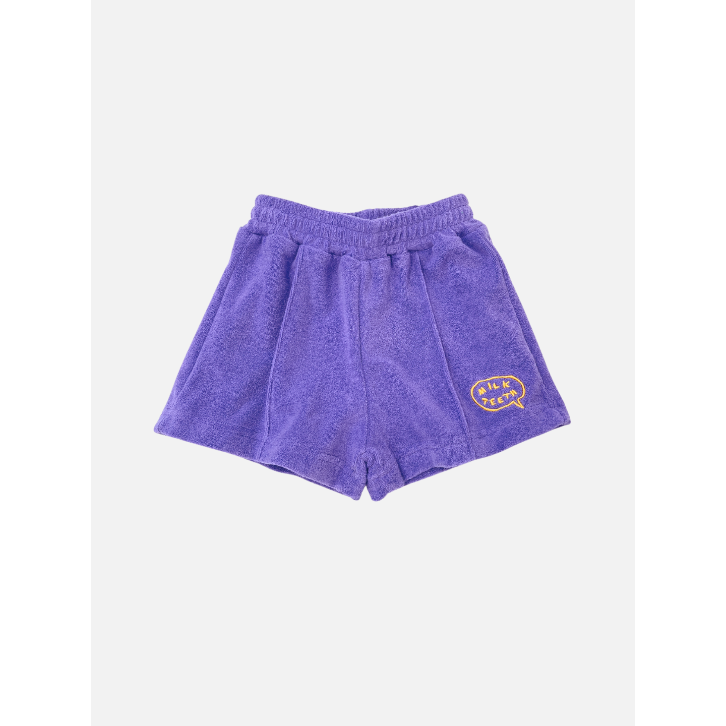 Purple | EVERYDAY TERRY SHORTS in purple cotton terry with an elasticated waist and a yellow embroidered heart-shaped "TIK TOK" patch.