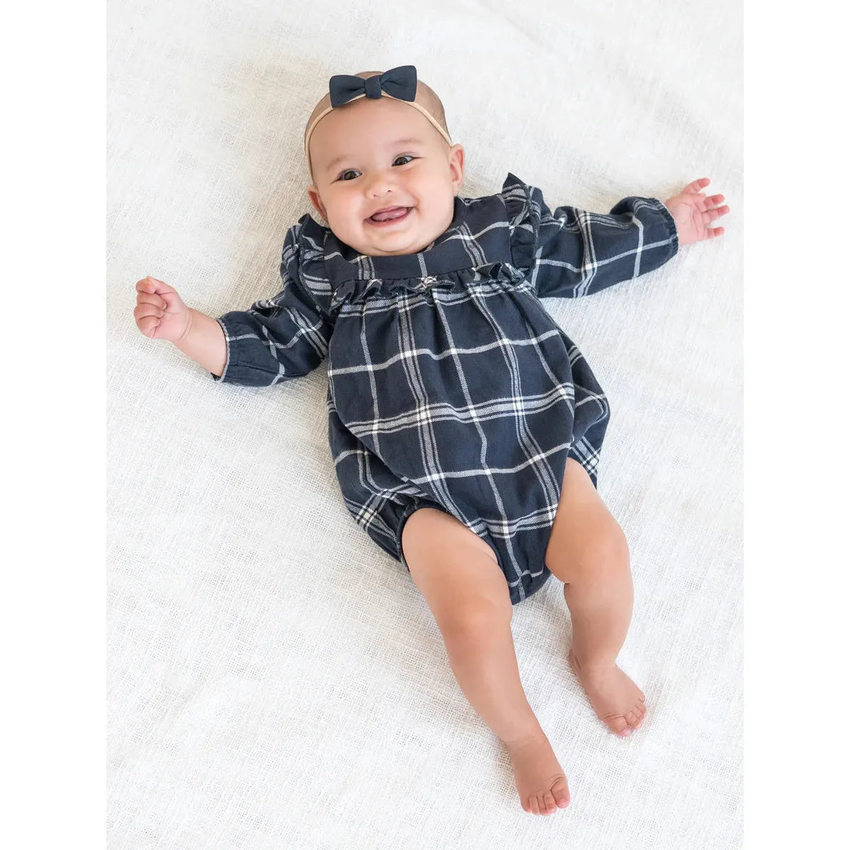 Ruth Flannel Ruffle Neckline Bodysuit - Navy Plaid