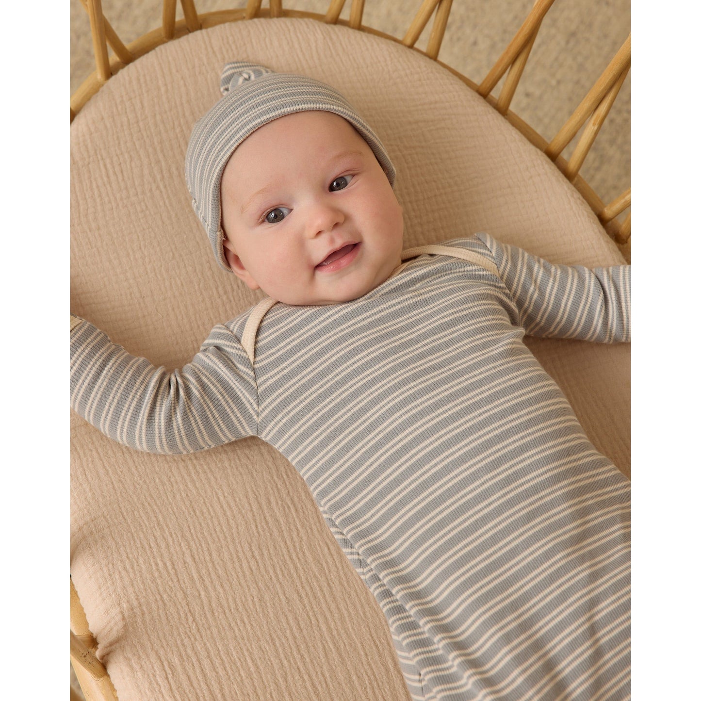 Knotted Baby Gown + Hat Set || Steel Blue Micro Stripe