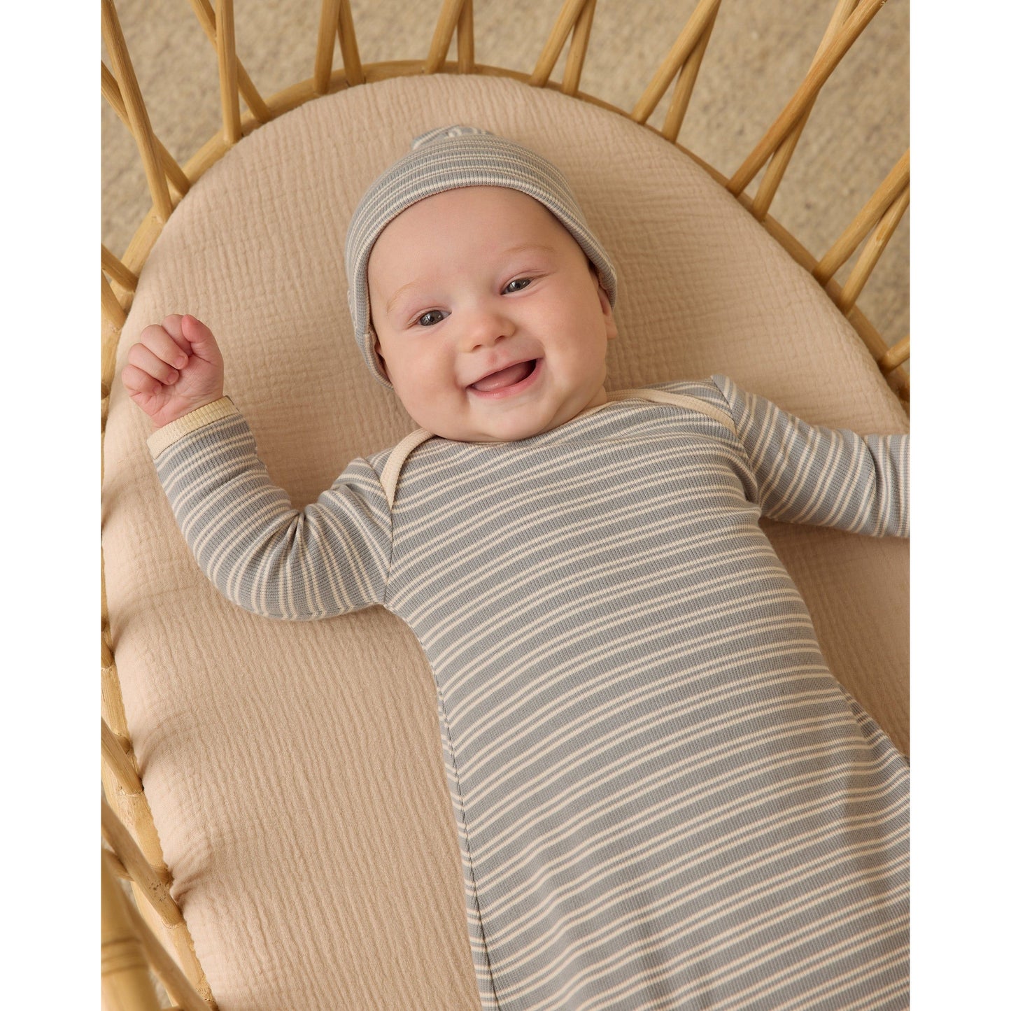 Knotted Baby Gown + Hat Set || Steel Blue Micro Stripe