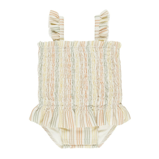 Smocked One-Piece Swimsuit || Multi-Stripe