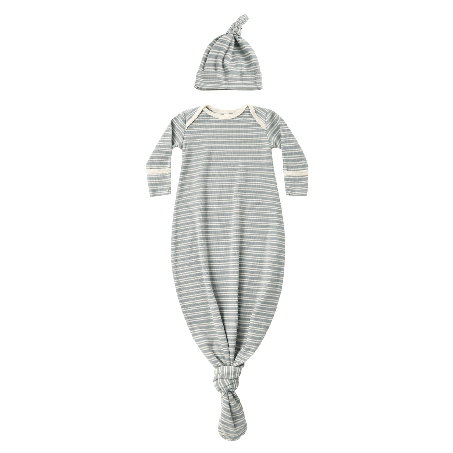 Knotted Baby Gown + Hat Set || Steel Blue Micro Stripe