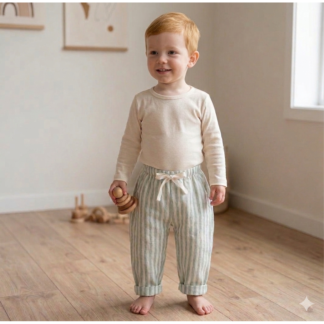 Birdie Lane Baby + Kids - 100 % Cotton Stripe Pant - Sage: 6-12 Months