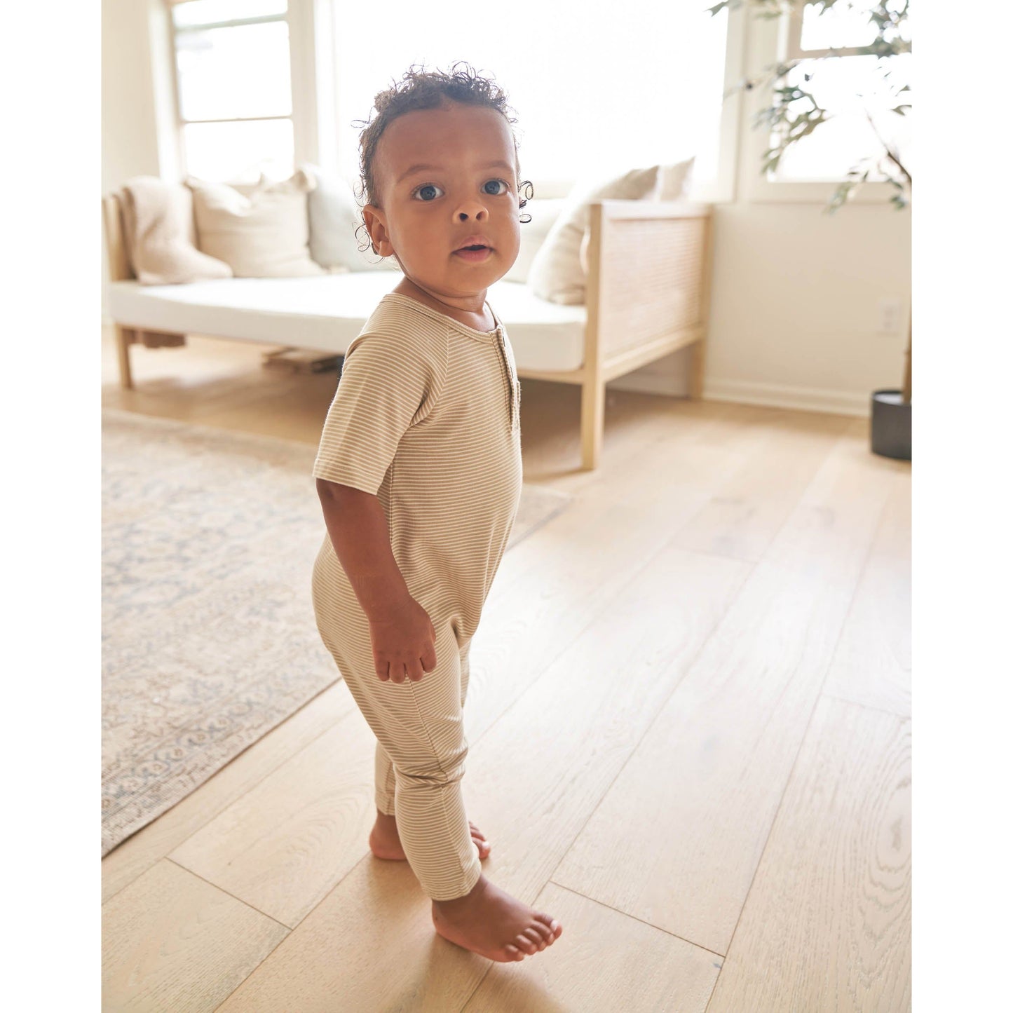 Short Sleeve Jumpsuit || Latte Micro Stripe
