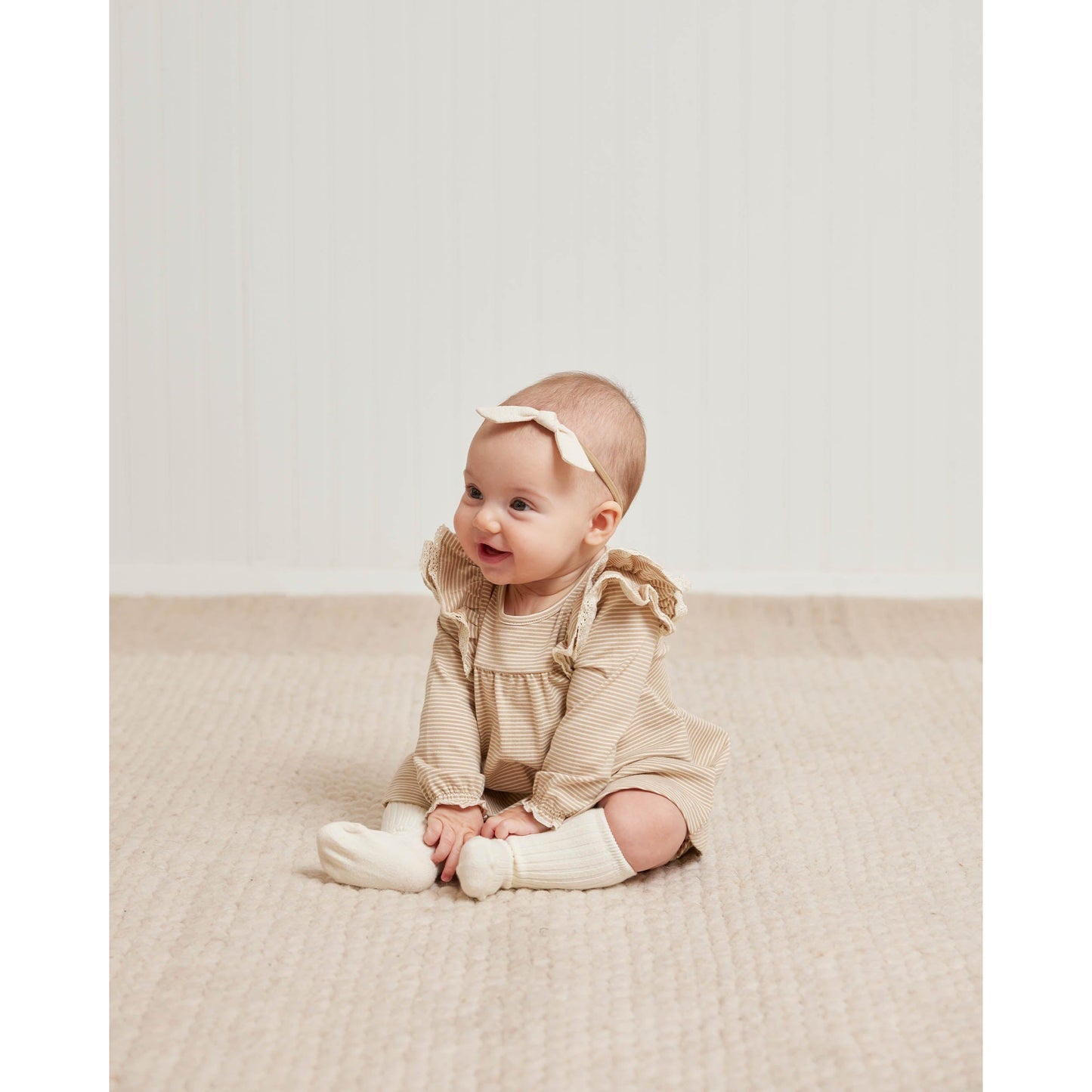 Long Sleeve Flutter Dress || Latte Micro Stripe