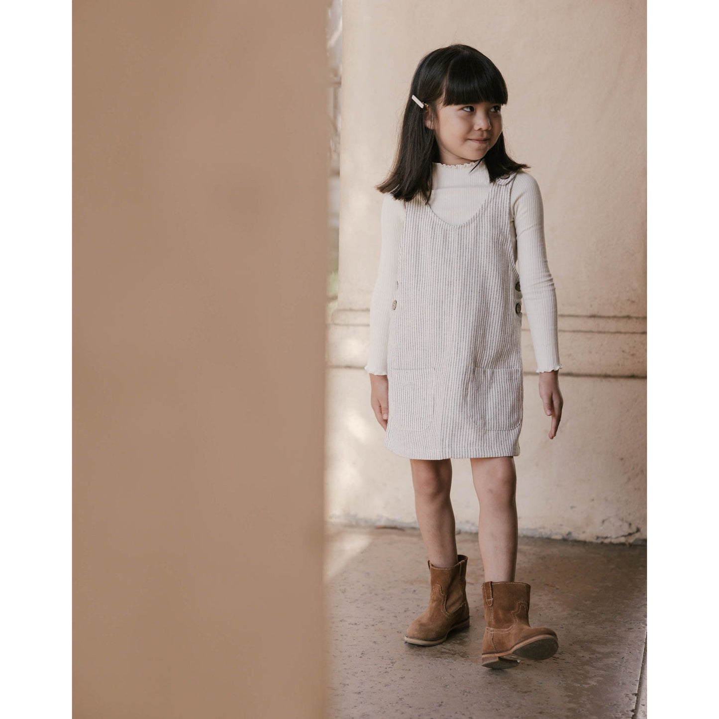 overall dress || railroad stripe