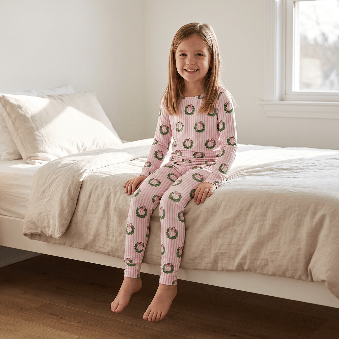 Big Kid Pajama Set - Holiday Wreath Stripe