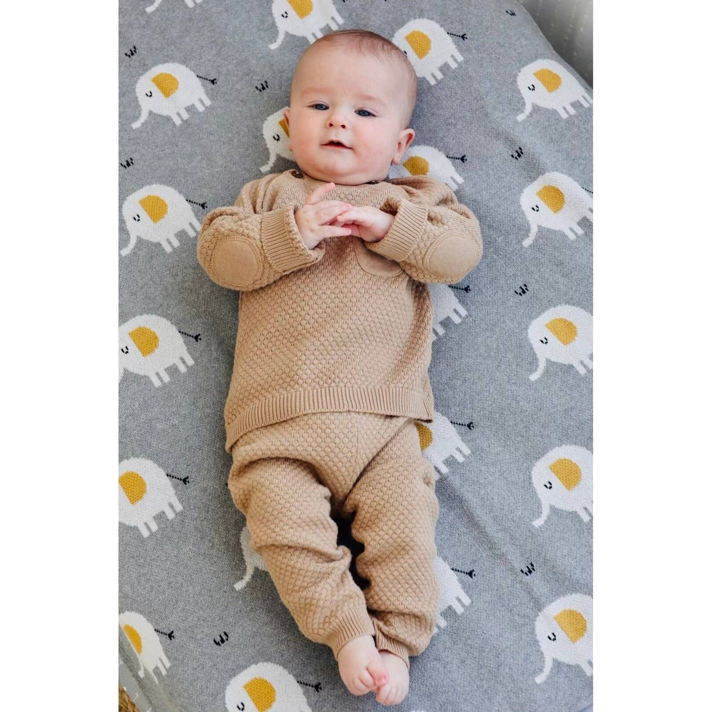 Elephant - Organic Cotton Jacquard Sweater Knit Baby Blanket