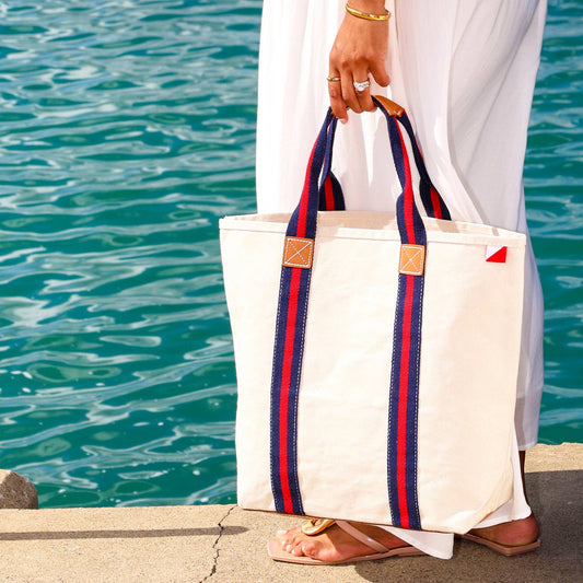 Society Canvas Leather Tote Bag: Navy Red
