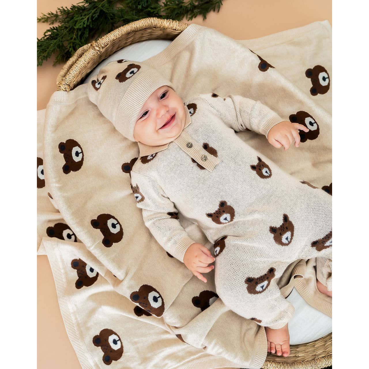 Brown Bear - Organic Cotton Jacquard Knit Baby Blanket: Oatmeal Heather