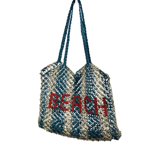St Jean Jute Beach Tote "Beach": Blue / OS