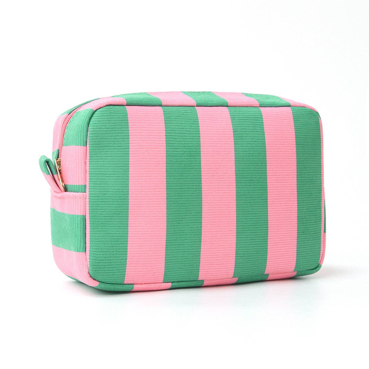 Striped Corduroy Makeup Bag, Portable Travel Toiletry Bag: Green/Pink