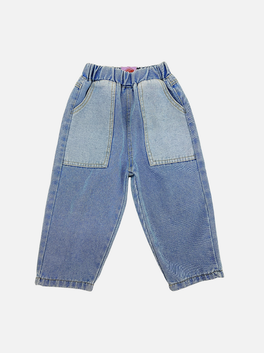 Medium Wash | A pair of kids' jeans in mid denim with pale denim pockets