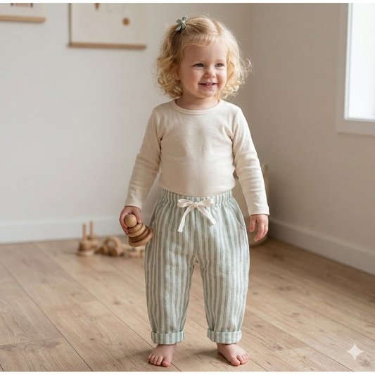 Birdie Lane Baby + Kids - 100 % Cotton Stripe Pant - Sage: 6-12 Months