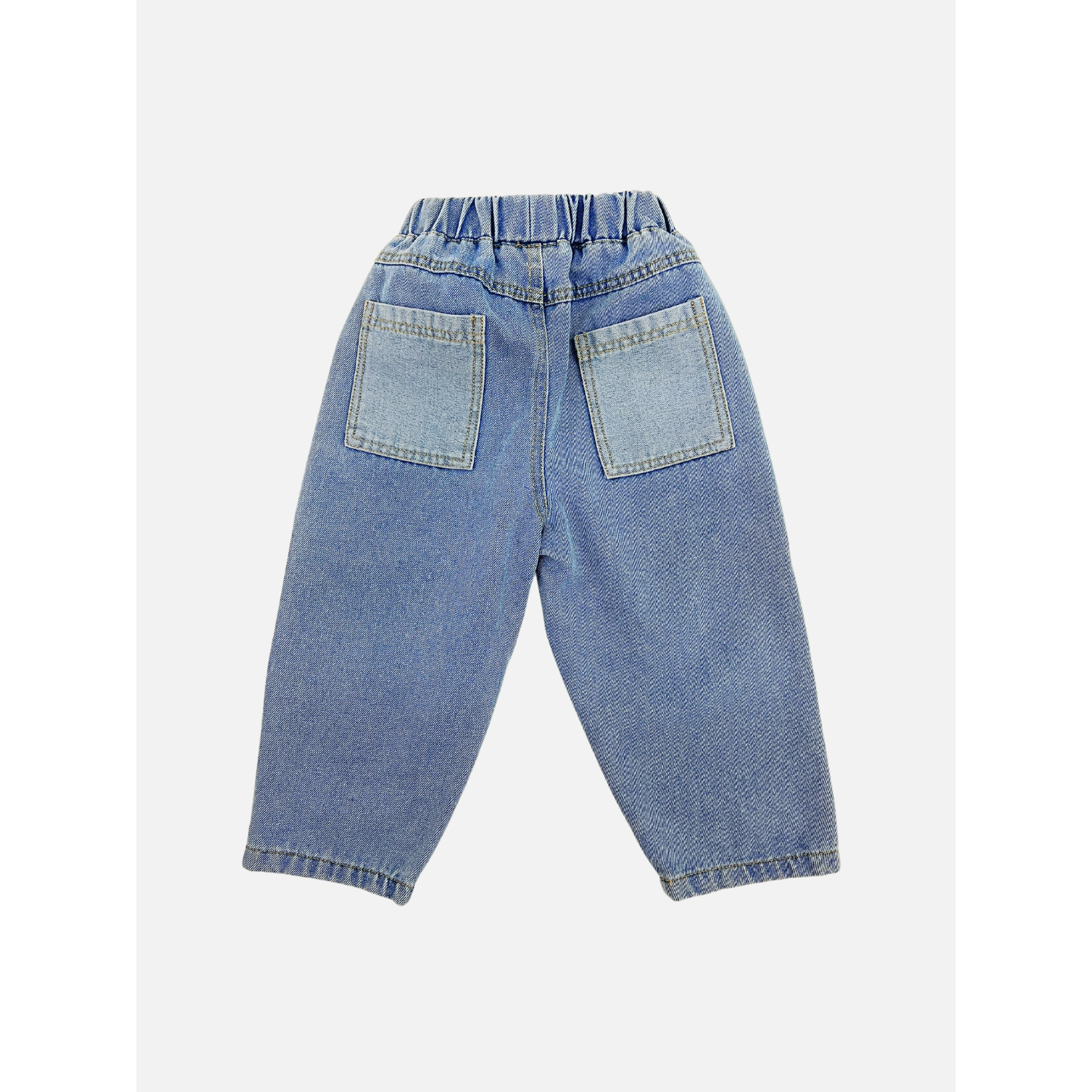 Medium Wash | A pair of kids' jeans in mid blue denim with two lighter blue pockets, back view