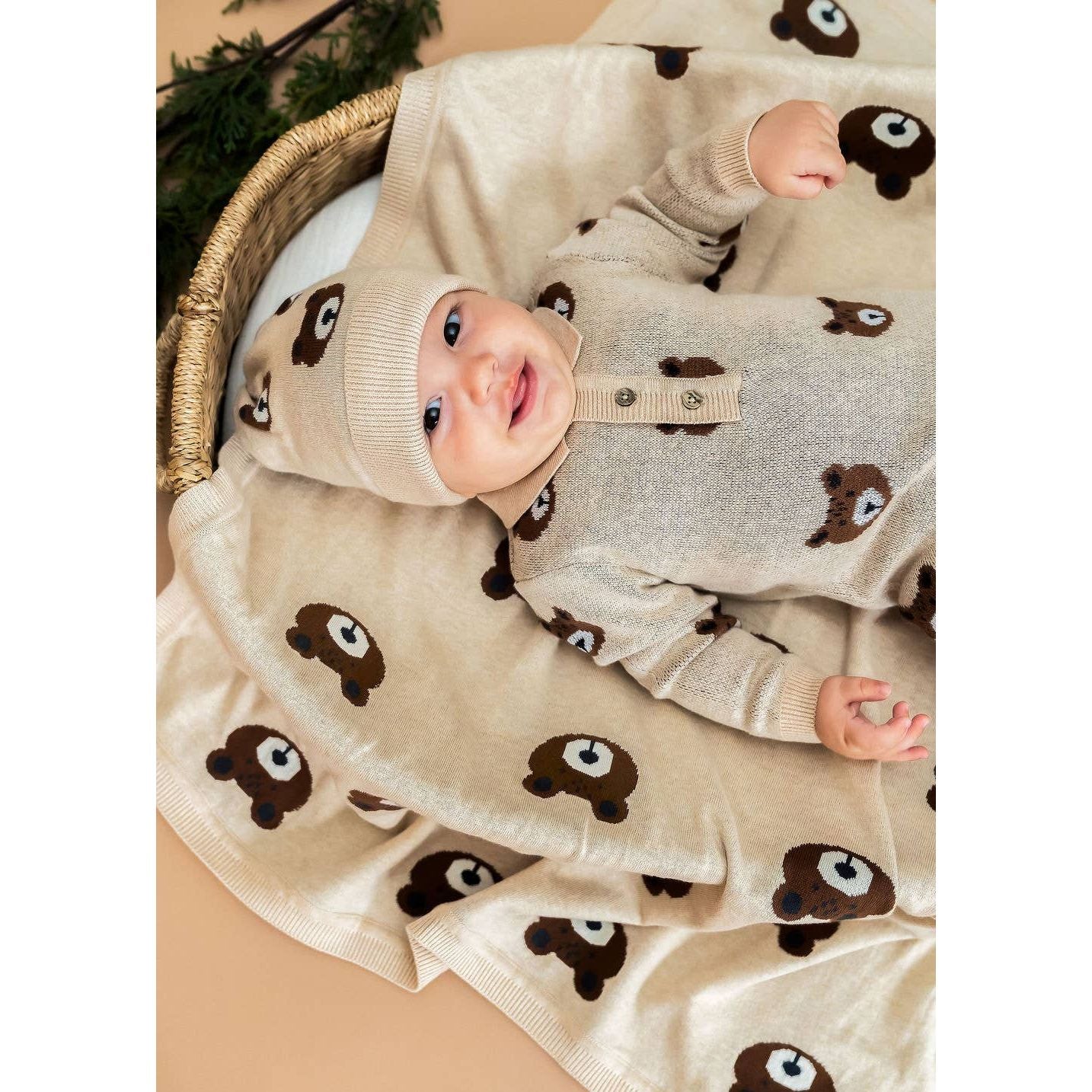 Brown Bear - Organic Cotton Jacquard Knit Baby Blanket: Oatmeal Heather