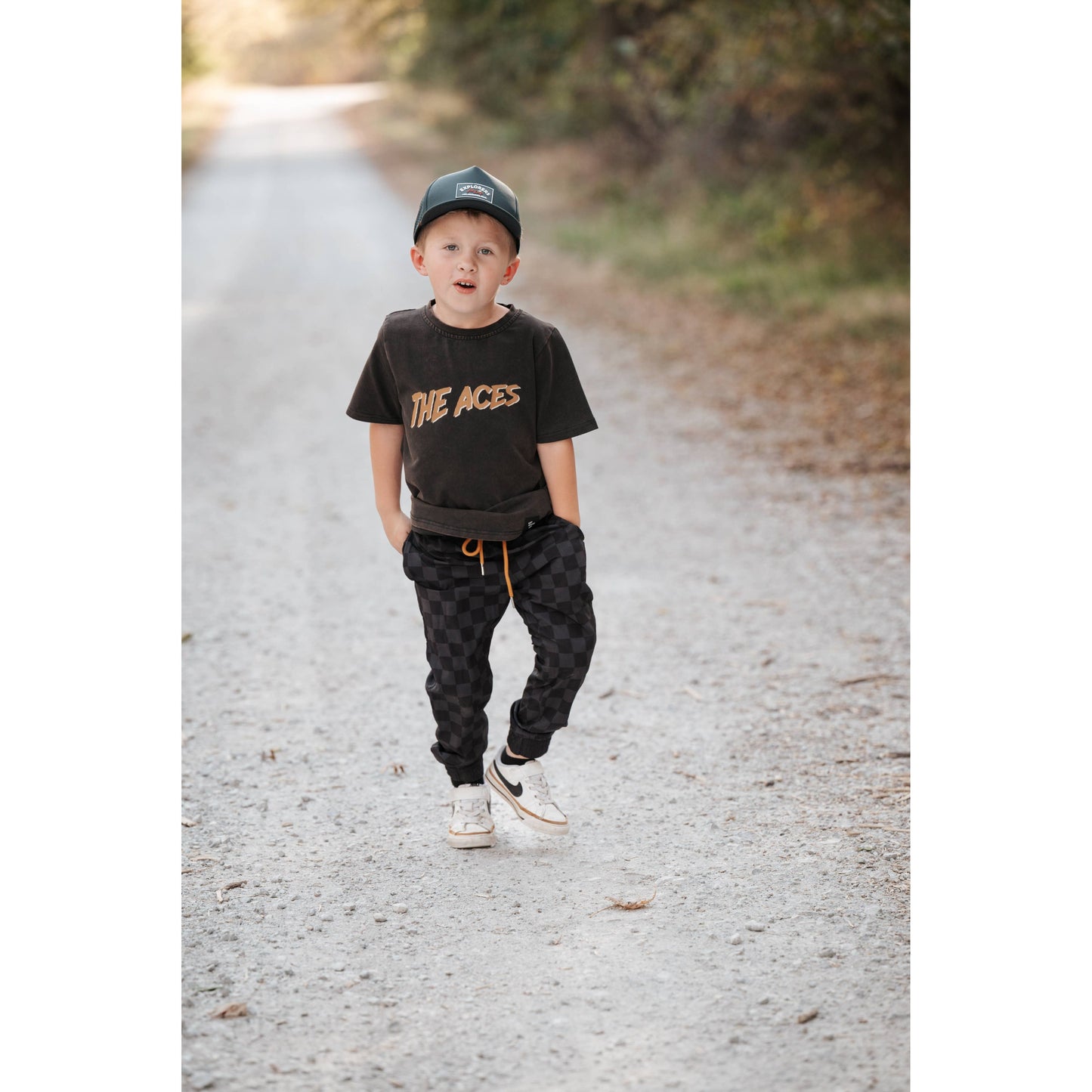 Kids Muted Athletic Checkerboard Joggers - Black