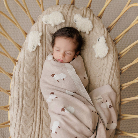 Bleu La La - 100% Luxury Cotton Receiving Swaddle Baby Blanket - Sheep: Ivory