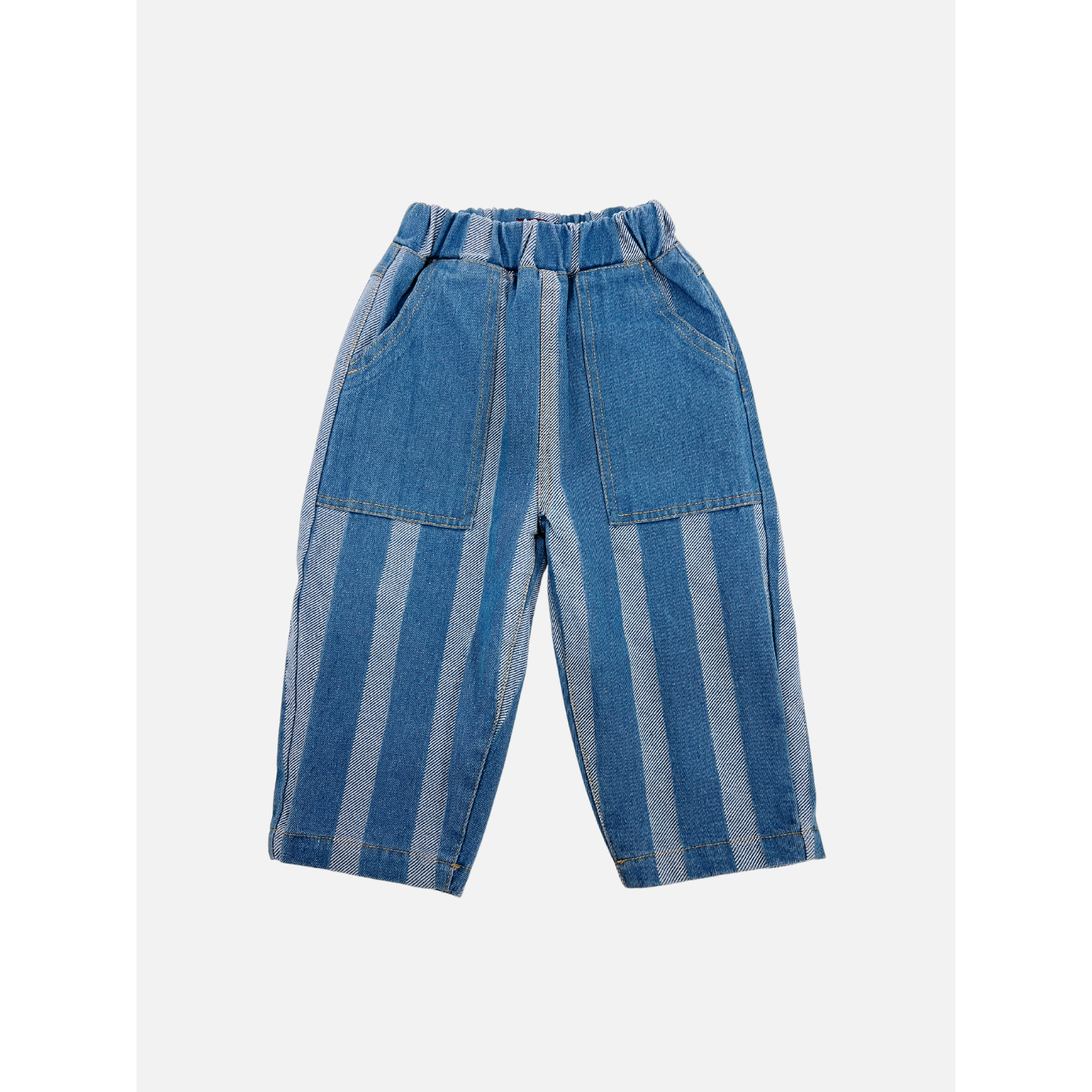 Medium Wash | The STRIPE DOUBLE TROUBLE JEANS, in a medium wash, boast an elasticated waistband, two front pockets, and a relaxed fit for the ultimate comfort.