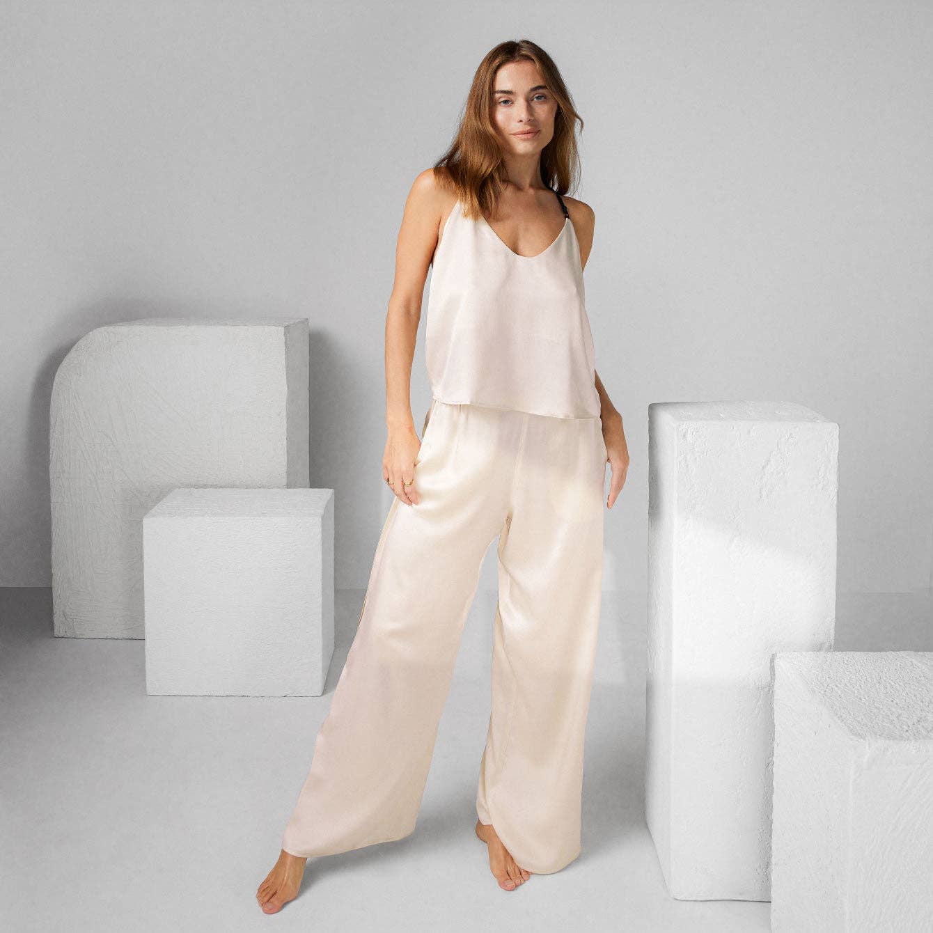 Washable Silk Cami Pant Set: Swan White/Immersed Black