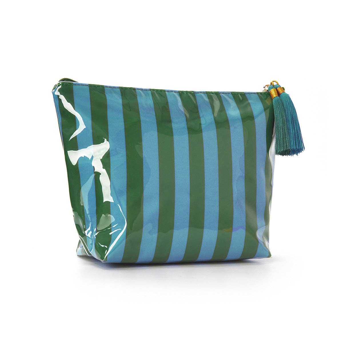 Glossy Striped Makeup Bag, Waterproof Travel Toiletry Cosmetic Storage Pouch: Green/Blue