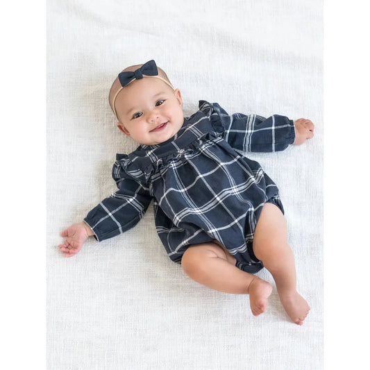 Ruth Flannel Ruffle Neckline Bodysuit - Navy Plaid