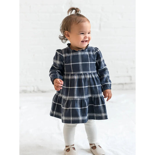 Neela Flannel Ruffle Neckline Dress - Navy Plaid