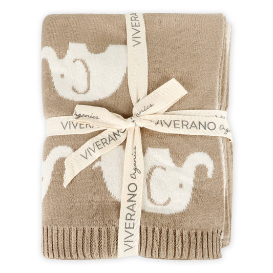 Elephant Trail - Organic Jacquard Knit Baby Blankets: Tan Brown
