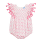 A pink baby romper with a butterfly pattern and decorative frills on the sleeves.