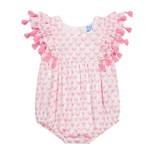 A pink baby romper with a butterfly pattern and decorative frills on the sleeves.