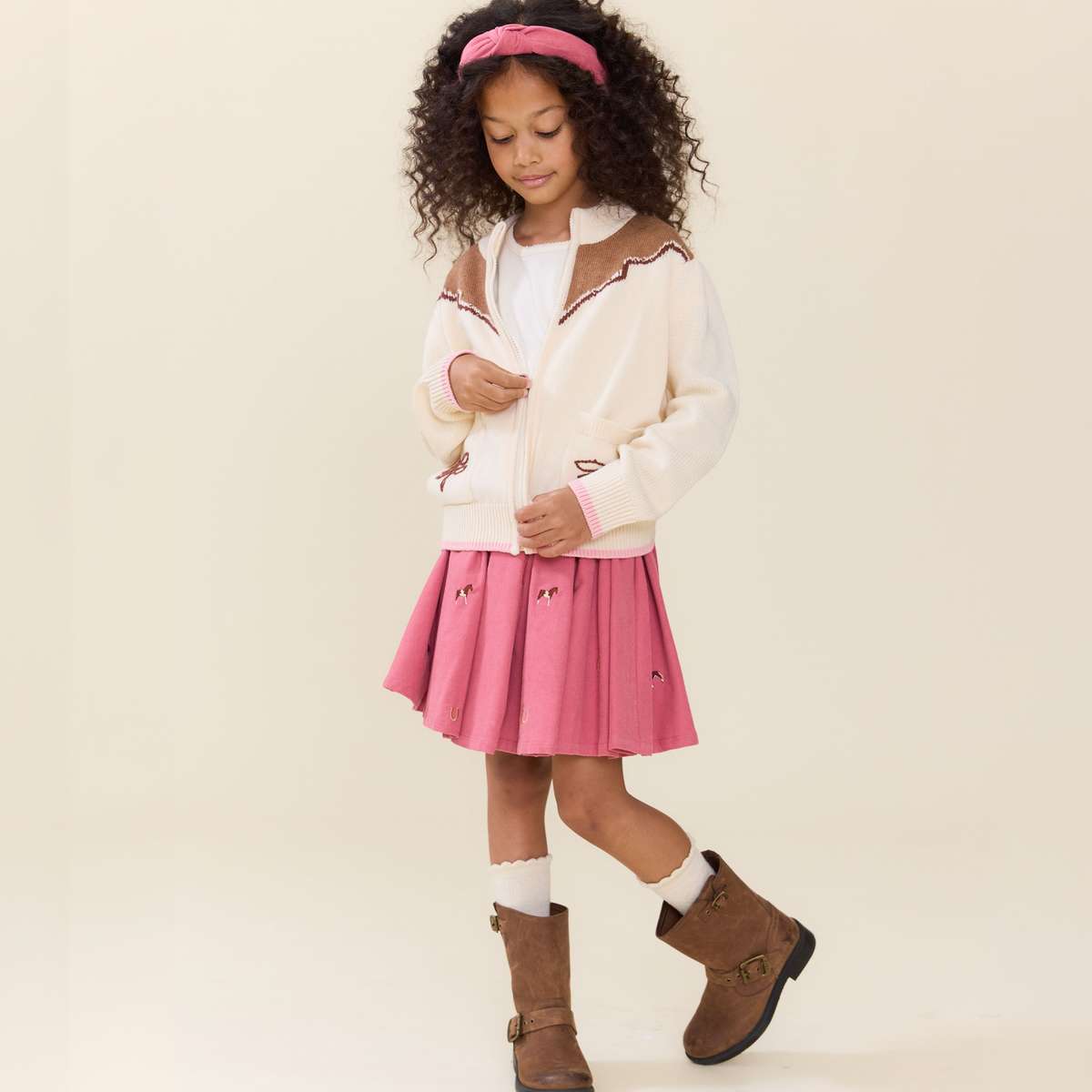 Girls Western Zip Sweater - Cream and Brown