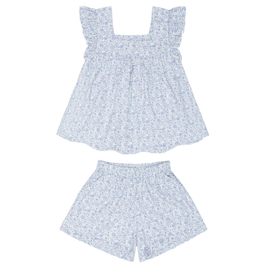 girls slate floral ruffle top and short set