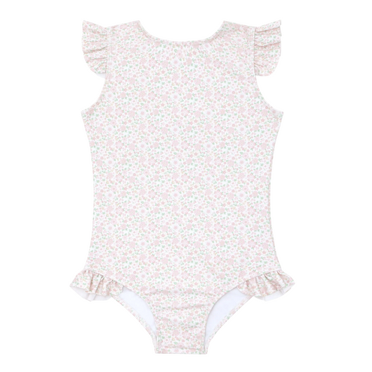 girls antique floral ruffle cap sleeve one piece