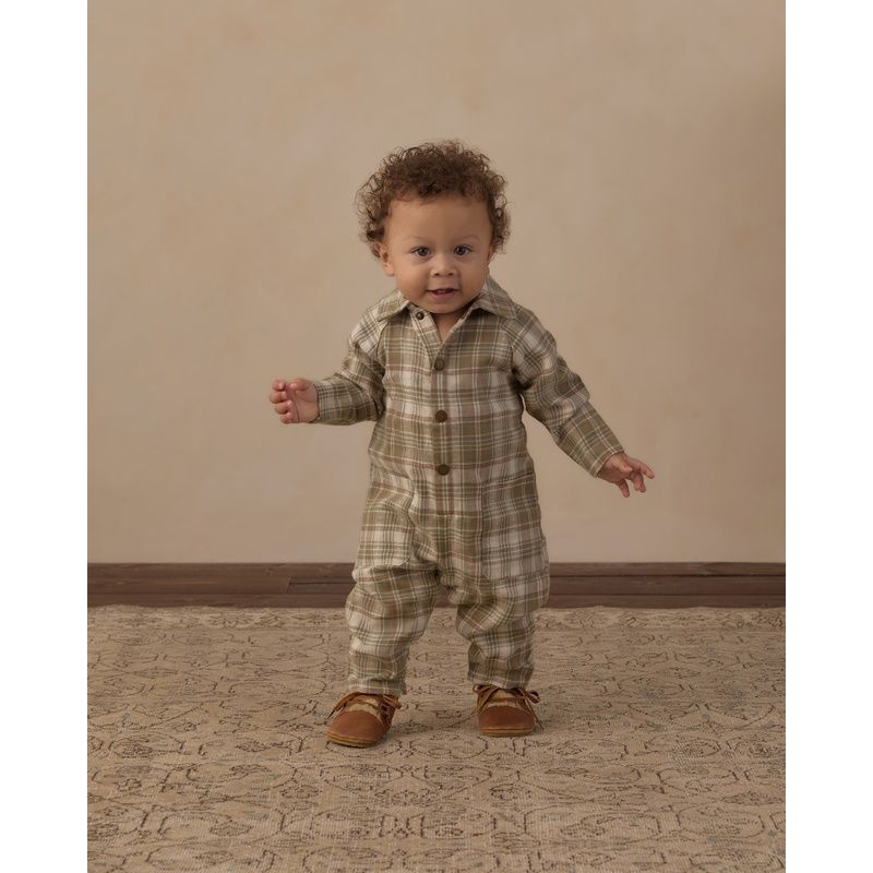 Collared Baby Jumpsuit || Olive Dobby Plaid