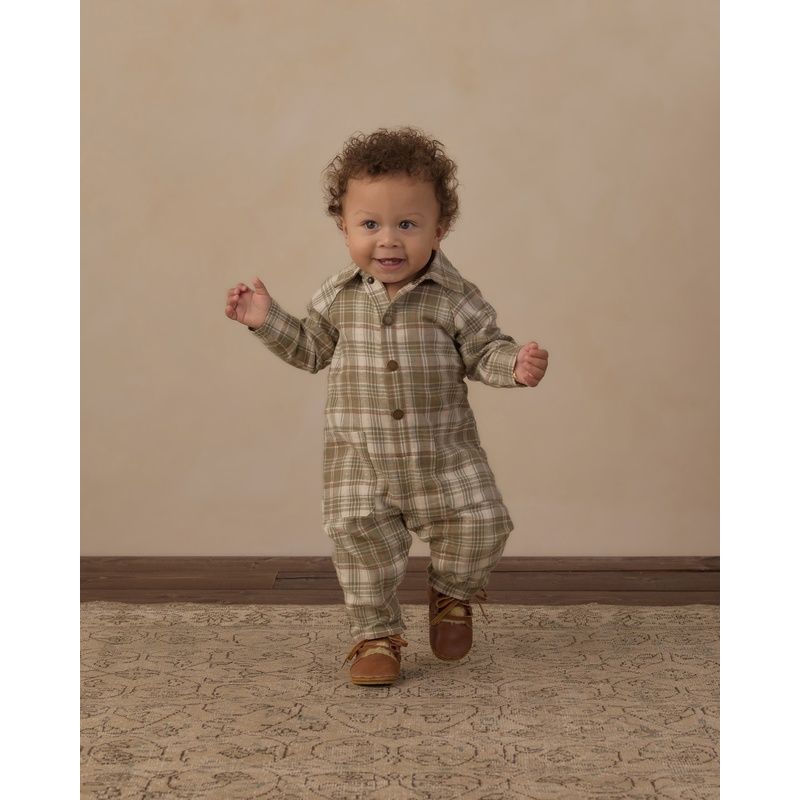 Collared Baby Jumpsuit || Olive Dobby Plaid