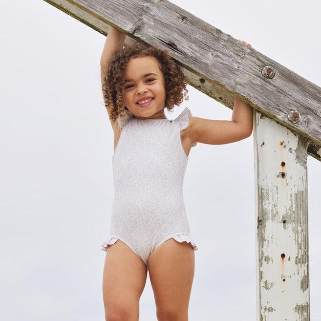 girls antique floral ruffle cap sleeve one piece