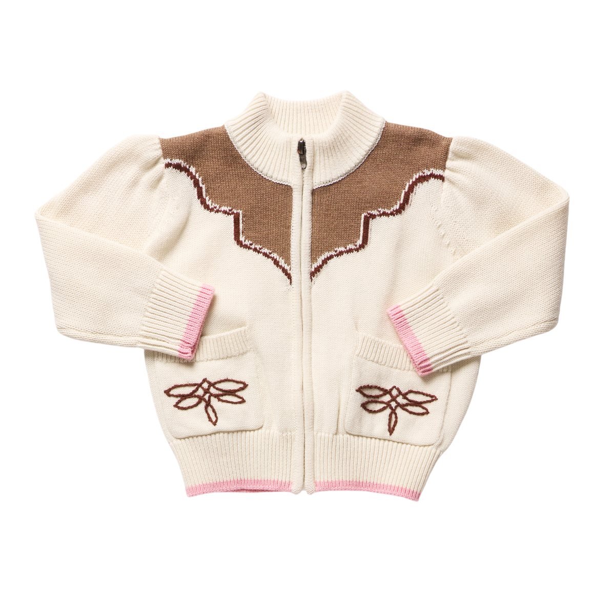 Girls Western Zip Sweater - Cream and Brown