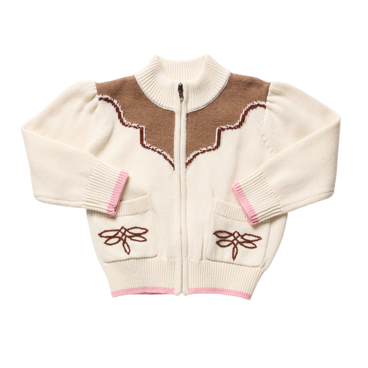 Girls Western Zip Sweater - Cream and Brown