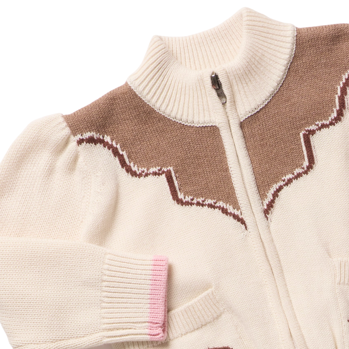 Girls Western Zip Sweater - Cream and Brown