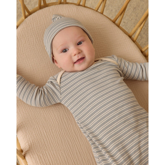 Knotted Baby Gown + Hat Set || Steel Blue Micro Stripe