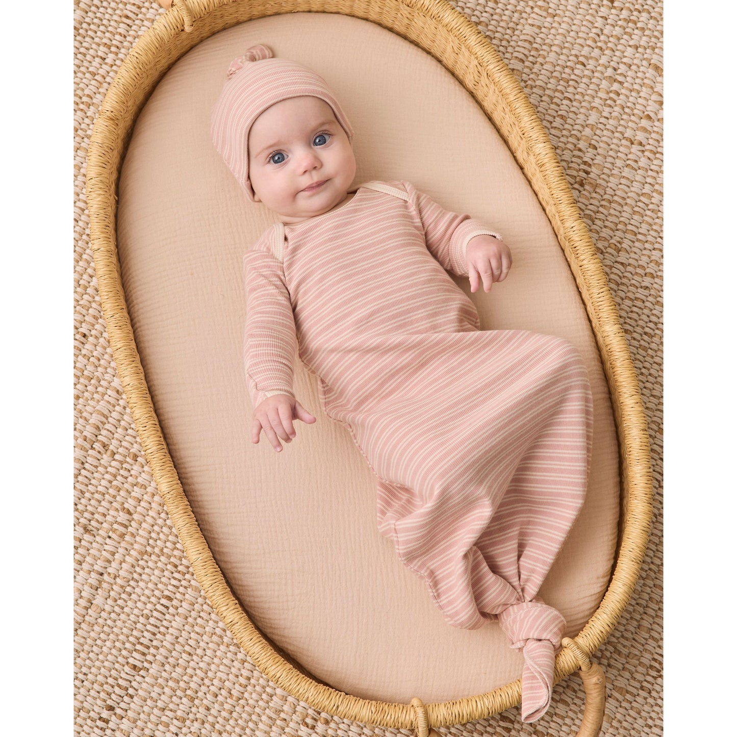 Knotted Baby Gown + Hat Set II Dusty Rose Microstripe