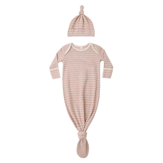 Knotted Baby Gown + Hat Set II Dusty Rose Microstripe