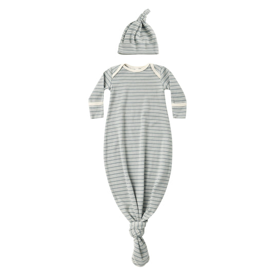 Knotted Baby Gown + Hat Set || Steel Blue Micro Stripe