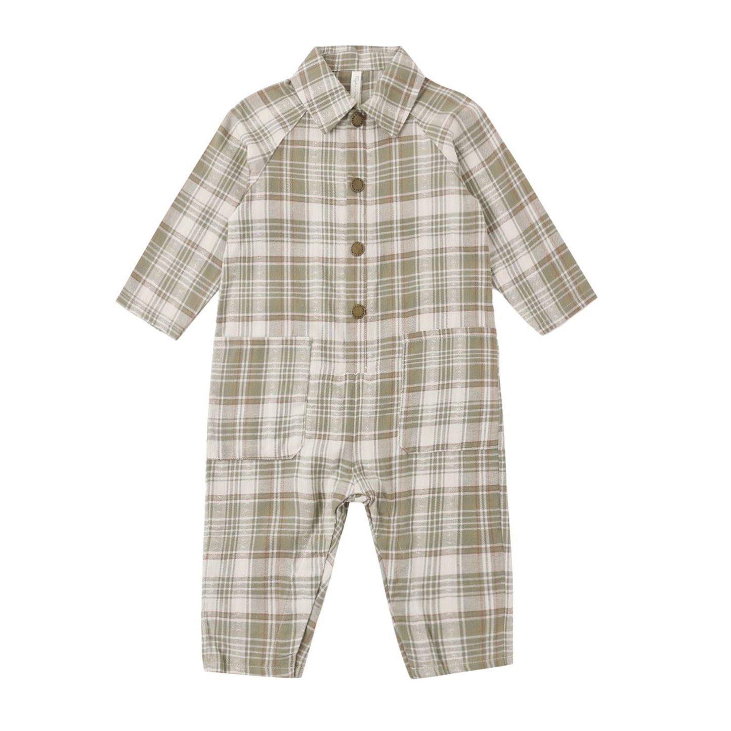 Collared Baby Jumpsuit || Olive Dobby Plaid
