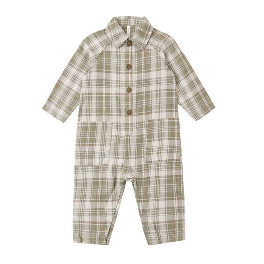 Collared Baby Jumpsuit || Olive Dobby Plaid