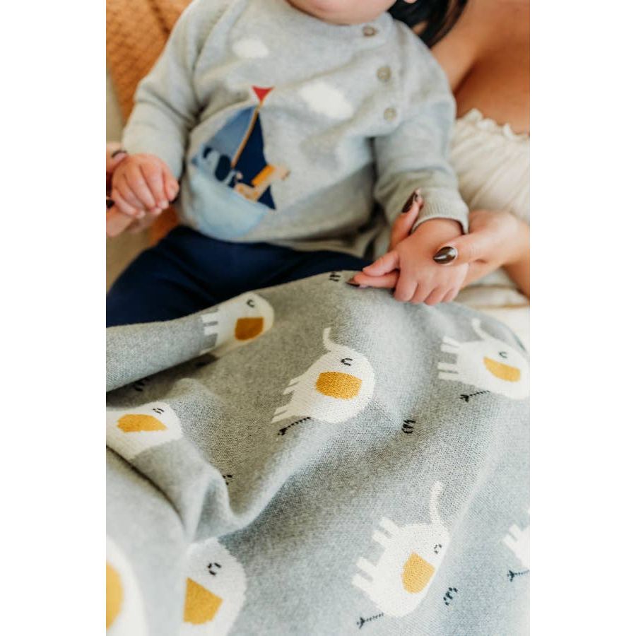 Elephant - Organic Cotton Jacquard Sweater Knit Baby Blanket