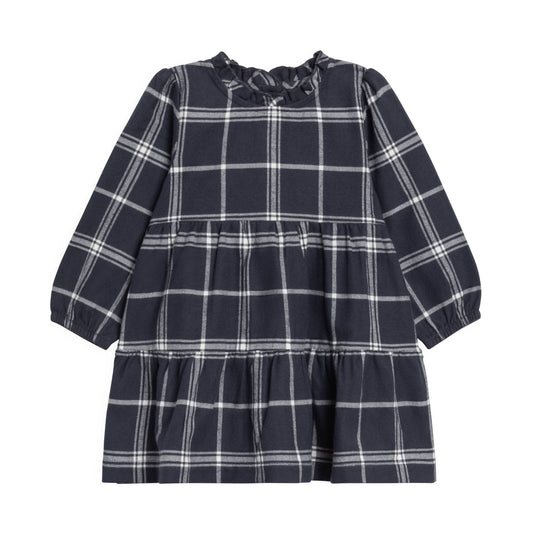 Neela Flannel Ruffle Neckline Dress - Navy Plaid