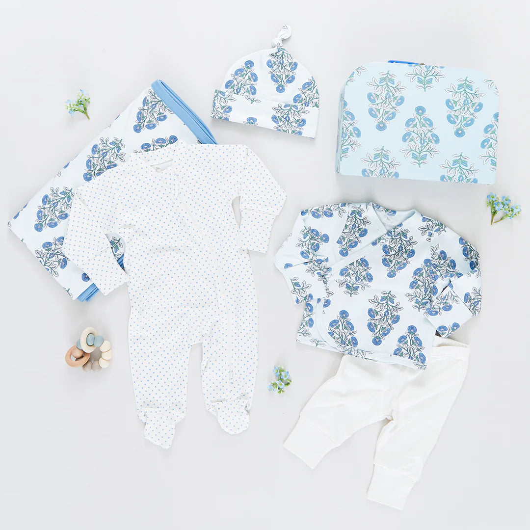 Nesting Box Baby Take Home Set - Blue Bouquet Floral Block Print